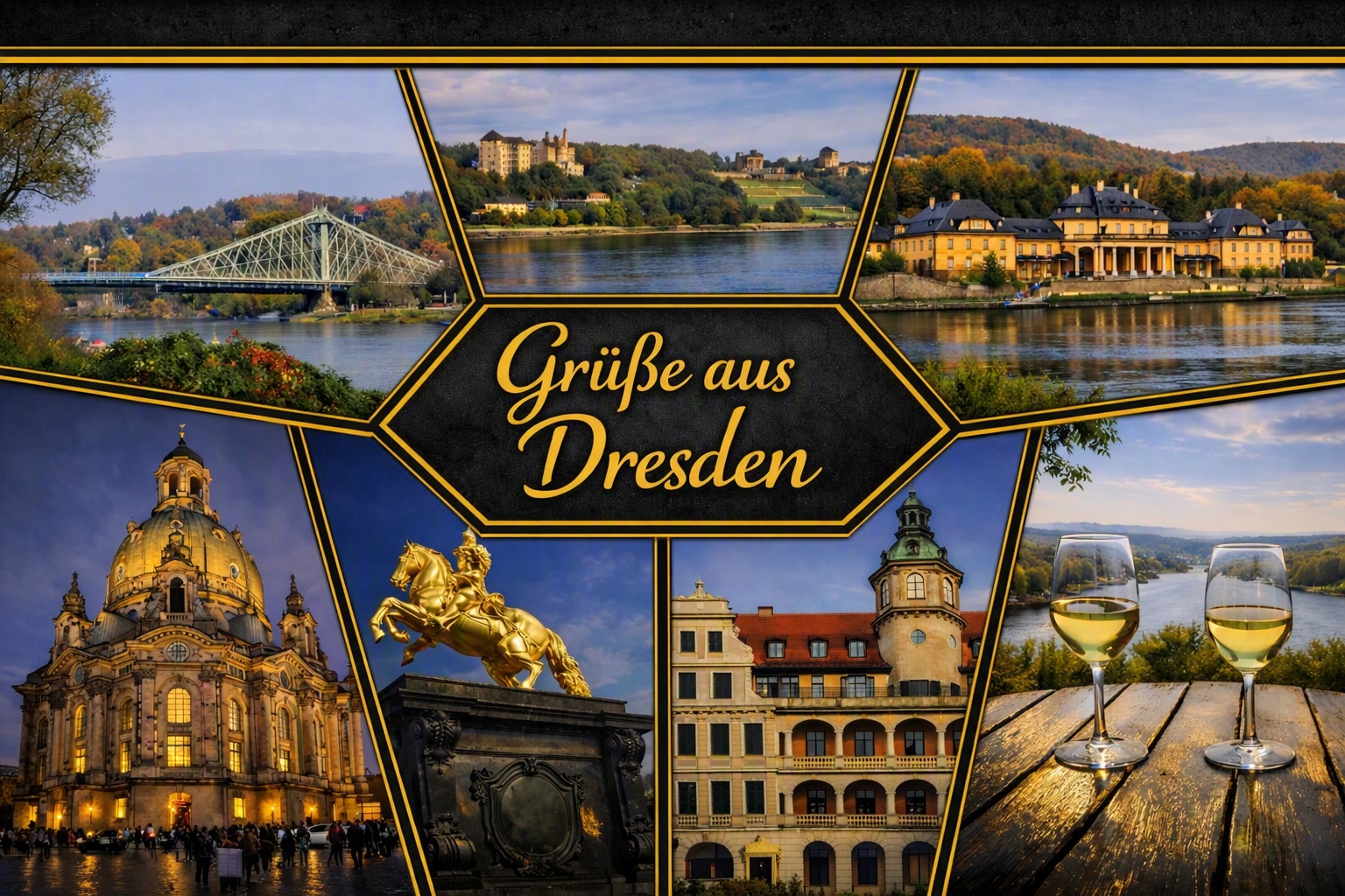 Collage aus Dresden: Blaues Wunder, Elbschlösser, Frauenkirche, Goldener Reiter, Schloss Eckberg und Blick über die Elbe